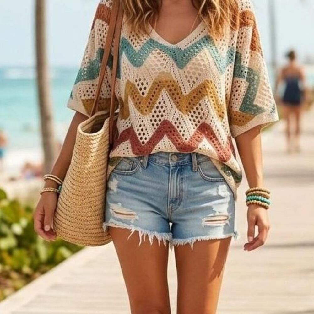 Crochet Chevron Knit Top Boho Whimsigoth Beach Cover Up Top XL summer